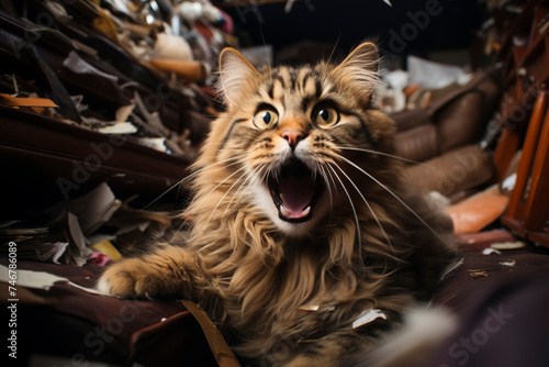 Shocked long-haired cat amidst destroyed furniture. © spyrakot