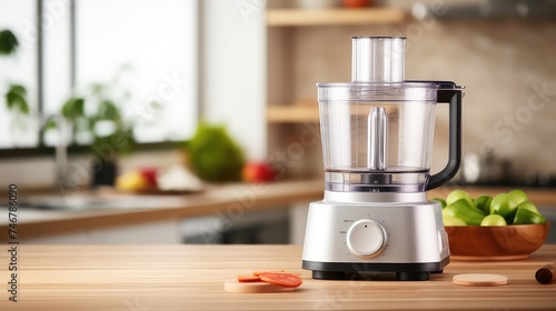 Modern electric blender on wooden table in kitchen.