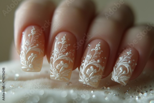 Elegant womans hand with french manicure and lace design photo