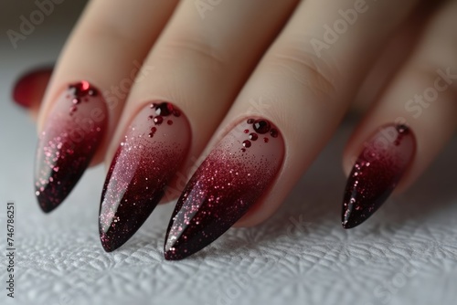 Elegant womans hand with red and black nail polish