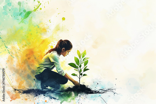 watercolor painting of young woman in blue clothes planting a tree, copy space, pastel color