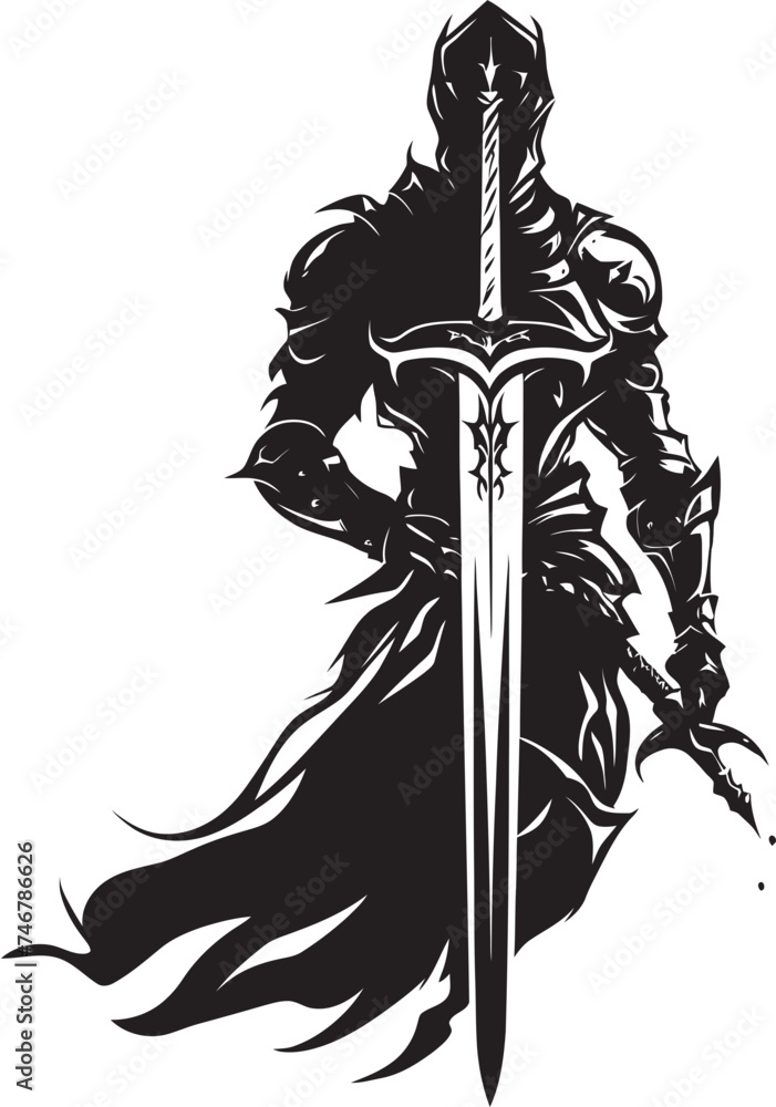 Sovereign Sentinel Black Vector Logo of Knight Soldier with Sword Aloft Gallant Guardian Knight Soldier Raised Sword Emblem in Black Graphic