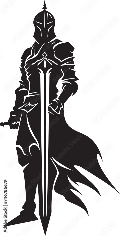 Majestic Guardian Black Logo Design with Knight Soldier Raised Sword Vector Heraldic Honor Knight Soldier Raised Sword Emblem in Black Vector Graphic