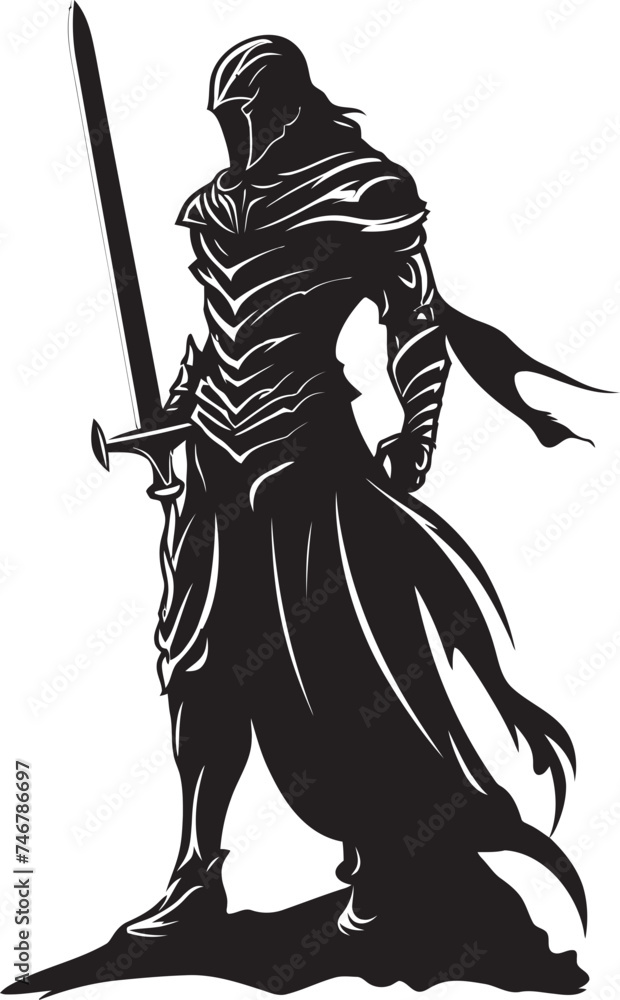 Blade of Honor Knight Soldiers Raised Sword Icon in Black Vector Graphic Sovereign Sentinel Black Vector Logo of Knight Soldier with Sword Aloft