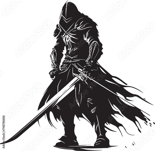 Blade of Honor Knight Soldiers Raised Sword Icon in Black Vector Graphic Sovereign Sentinel Black Vector Logo of Knight Soldier with Sword Aloft © BABBAN