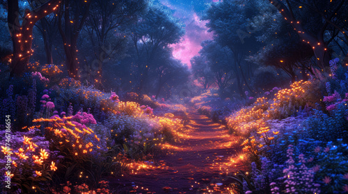 Magical forest with luminous flowers and neon path, glowing plants and lights in wonderland, beautiful dark fairy tale woods. Concept of fantasy, night, nature, mystery, art