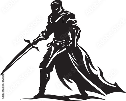 Royal Sentinel Black Vector Logo of Knight Soldier with Sword Aloft Loyal Defender Knight Soldier Raised Sword Emblem in Black