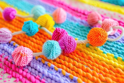 A detailed close-up of a crocheted blanket with intricate patterns, surrounded by a variety of colorful yarn balls in various textures and sizes © Konstiantyn Zapylaie