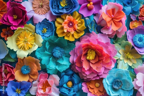 A collection of colorful paper flowers arranged neatly on the surface of a table  adding a lively and artistic touch to the decor