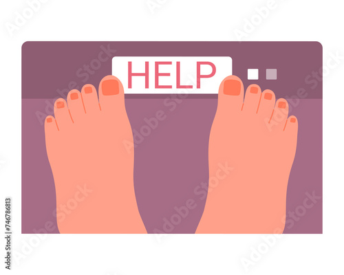 Feet on weight scale with help instruction. Weight loss program, diet plan cartoon vector illustration