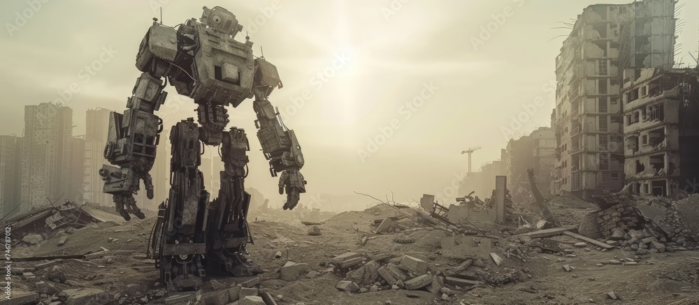 Future apocalypse of military robot in destroyed city make ruin risk buildings. AI generated image Future apocalypse of military robot in destroyed city make ruin risk buildings. AI generated image