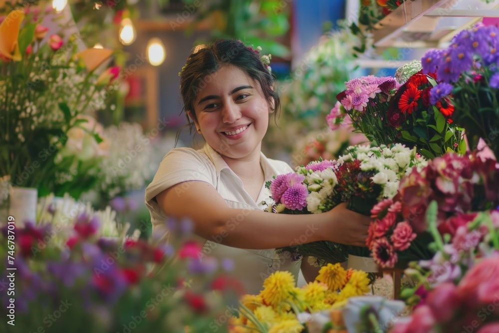 A happy woman smiles as she holds a colorful bunch of flowers in her hands, showcasing her love for floral arrangements