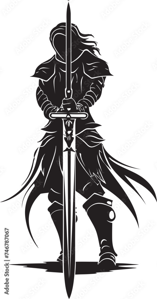 Steadfast Sentinel Black Vector Logo of Knight Soldier Majestic Defender Knight Soldier Raised Sword Emblem in Black
