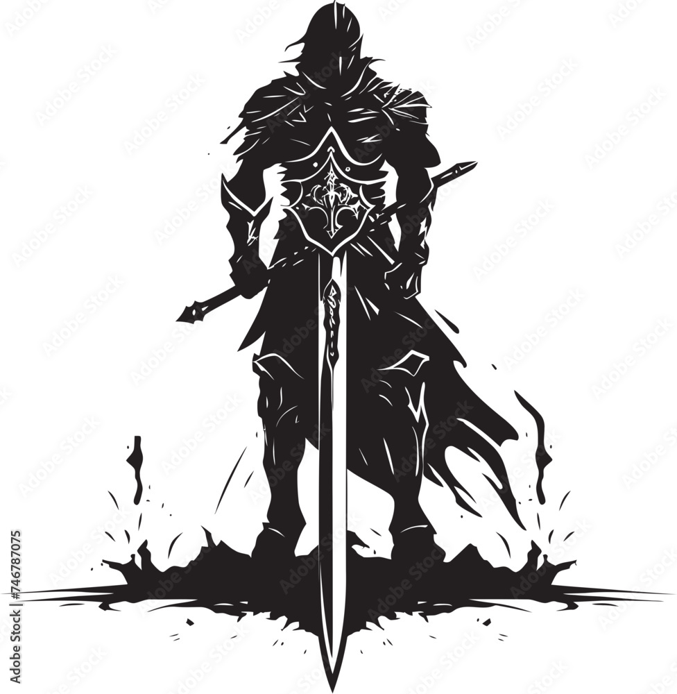 Noble Guardian Vector Black Logo with Knight Soldier Icon Gallant Knight Emblem of Knight Soldier with Raised Sword