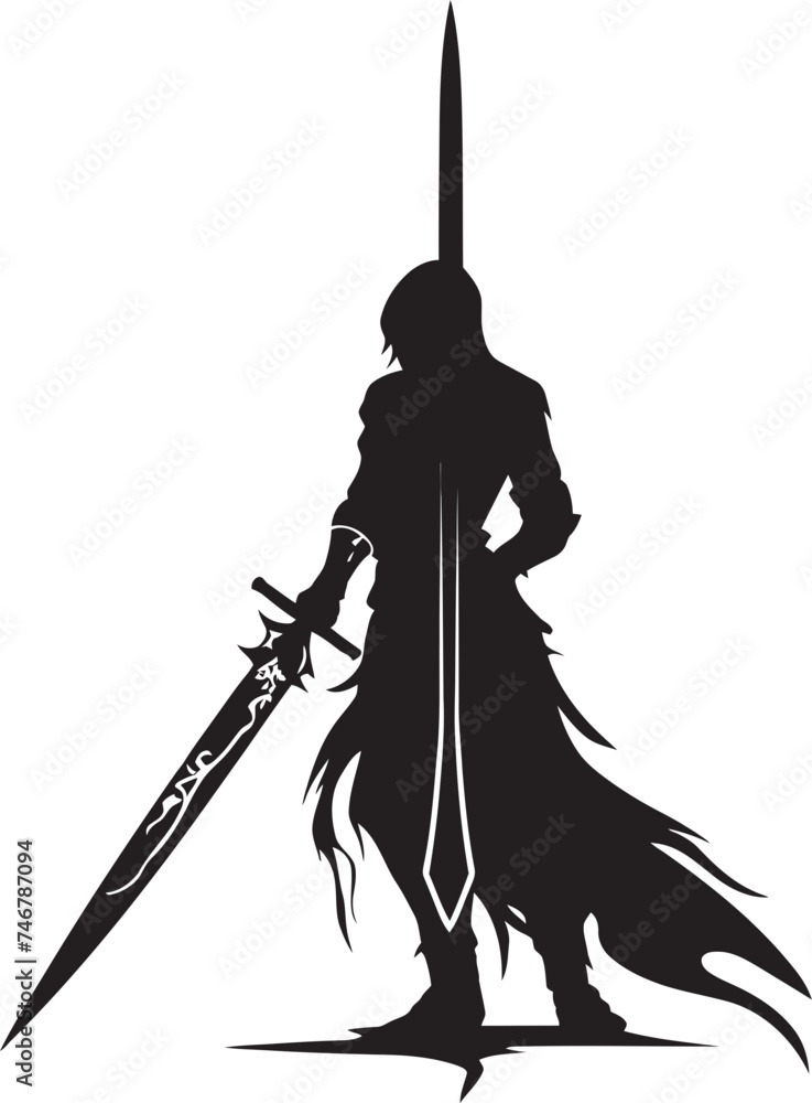 Noble Knight Black Logo Design Featuring Knight Soldiers Raised Sword in Vector Gallant Warrior Vector Emblem of Knight Soldier with Sword Raised in Black