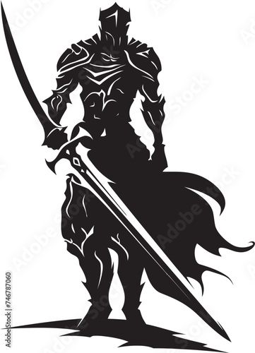 Gallant Defender Vector Logo of Knight Soldier with Sword Chivalrous Guardian Black Knight Soldier Raised Sword Icon
