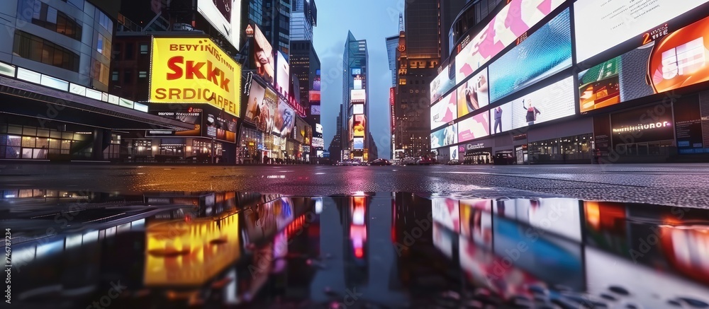 3D Rendering capital city building with billboards and light reflection from puddles on street. - obrazy, fototapety, plakaty 