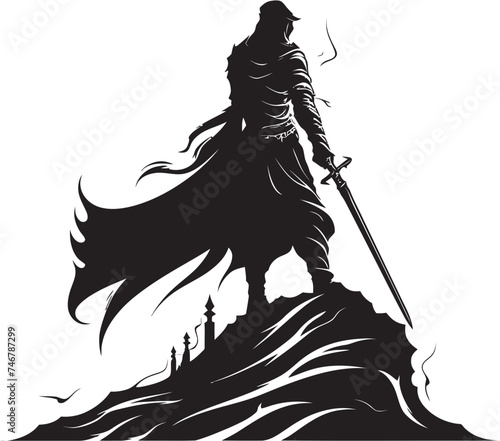 Royal Guardian Vector Black Logo with Knight Soldiers Sword Courageous Knight Emblem of Knight Soldier with Raised Sword