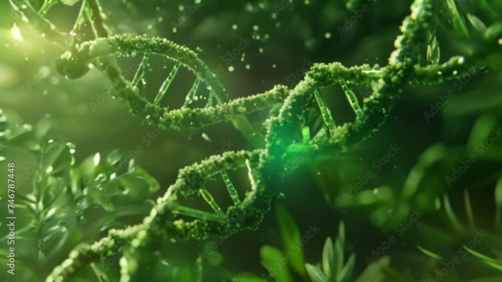 Biotechnology wallpaper with green DNA strands illuminated, surrounded by floating green particles and foliage, conveying a sense of biological discovery and mystery with natural background