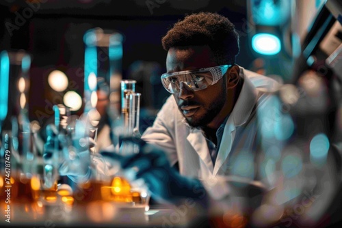 A man in a white lab coat and protective goggles focusing on experiments and analysis using a standard scale in a laboratory setting