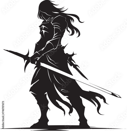 Virtuous Vigilante Vector Emblem of Knight Soldier with Sword Raised in Black Chivalrous Defender Black Logo of Knight Soldier with Sword Aloft in Vector