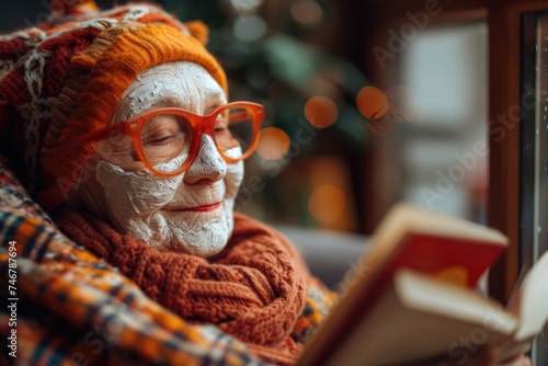 An elderly woman with glasses perched on her nose, delving into the pages of a book, engrossed in the words before her
