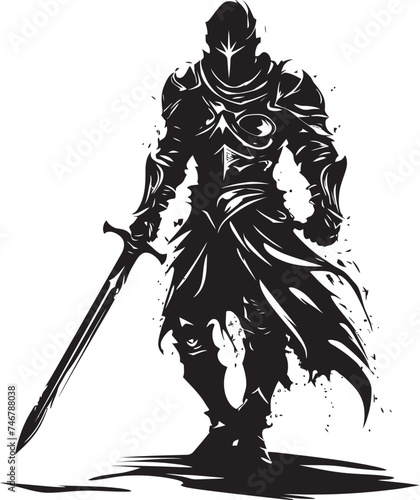 Sovereign Sentinel Black Vector Logo of Knight Soldier with Sword Aloft Gallant Guardian Knight Soldier Raised Sword Emblem in Black Graphic photo