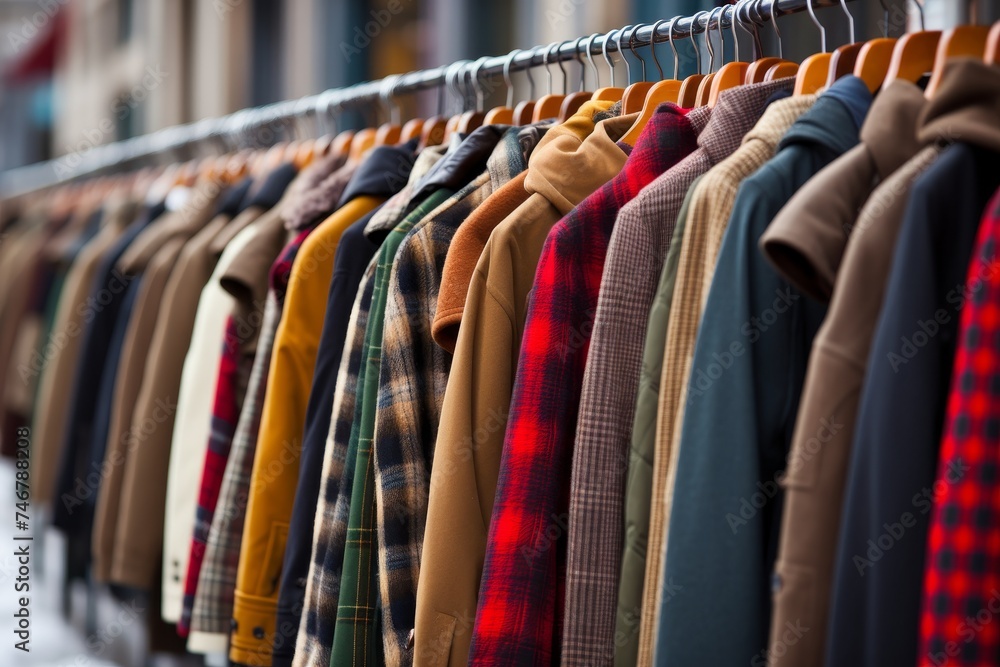 Diverse selection of fashionable clothes displayed on a street market clothing rack