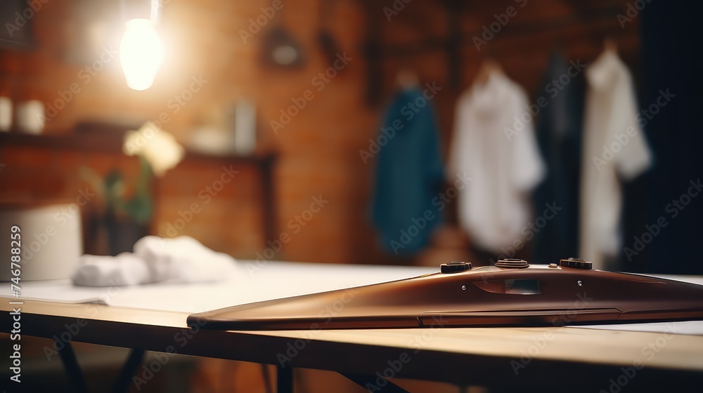 Modern iron on table in room, closeup. Cleaning service Modern iron on table in room, closeup. Cleaning service