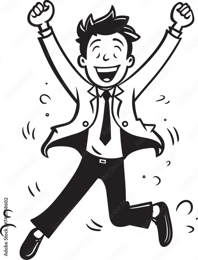 Grinning Corporate Leader Crest Vector Black Logo Design of a Joyful Stick Figure Gleeful Business Owner Badge Caricature Stick Figure in Black Vector