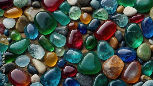Colorful gemstones on a beach overlooking water, Polish textured sea glass and stones on the seashore, Green, blue shiny glass with multi-colored sea pebbles close-up, Beach summer background