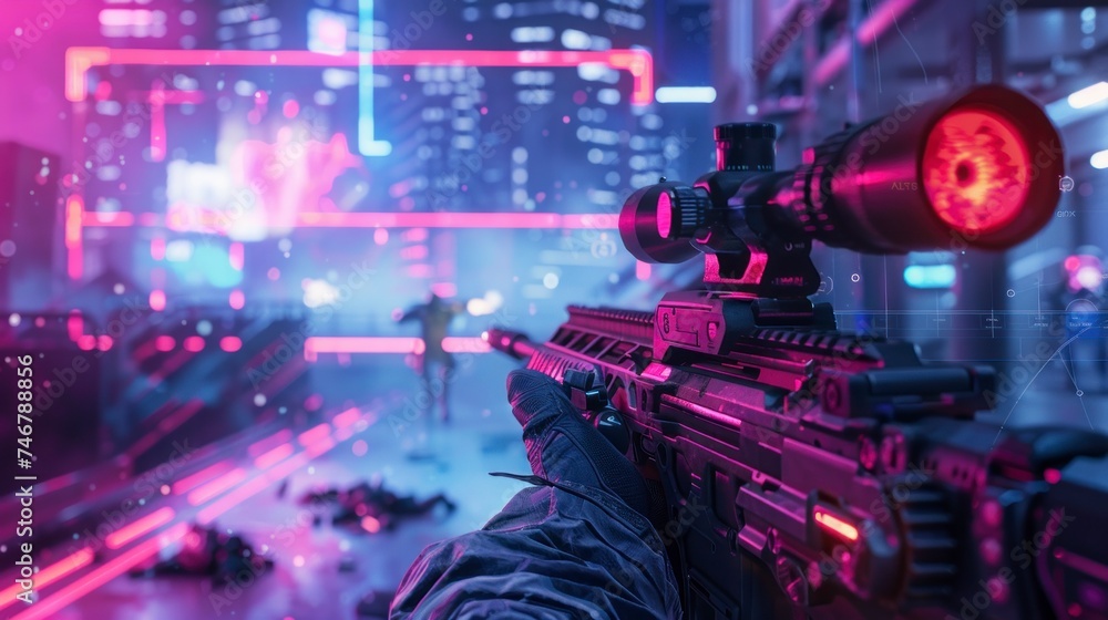 Shooting games with a futuristic first-person gun with neon lights in high resolution and high quality