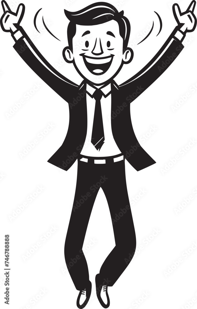 Jovial Business Innovator Caricature Stick Figure in Black Vector Grinning Corporate Visionary Happy Businessman Icon in Black Logo