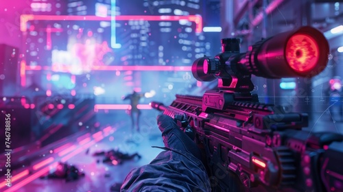 Shooting games with a futuristic first-person gun with neon lights in high resolution and high quality © Marco