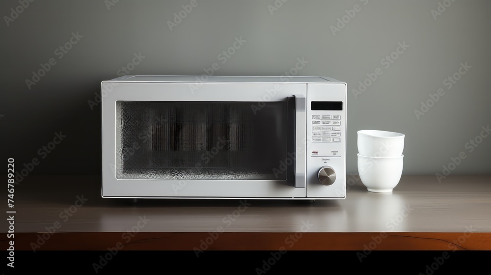 Fototapeta premium Microwave oven on table isolated on a grey background