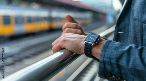 Close-up of a man's hands using his smartwatch on a platform station