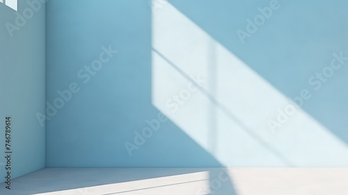 Abstract blue interior blank wall background with sunlight