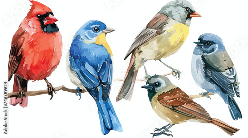 Bird set watercolor illustration. Red cardinal easte