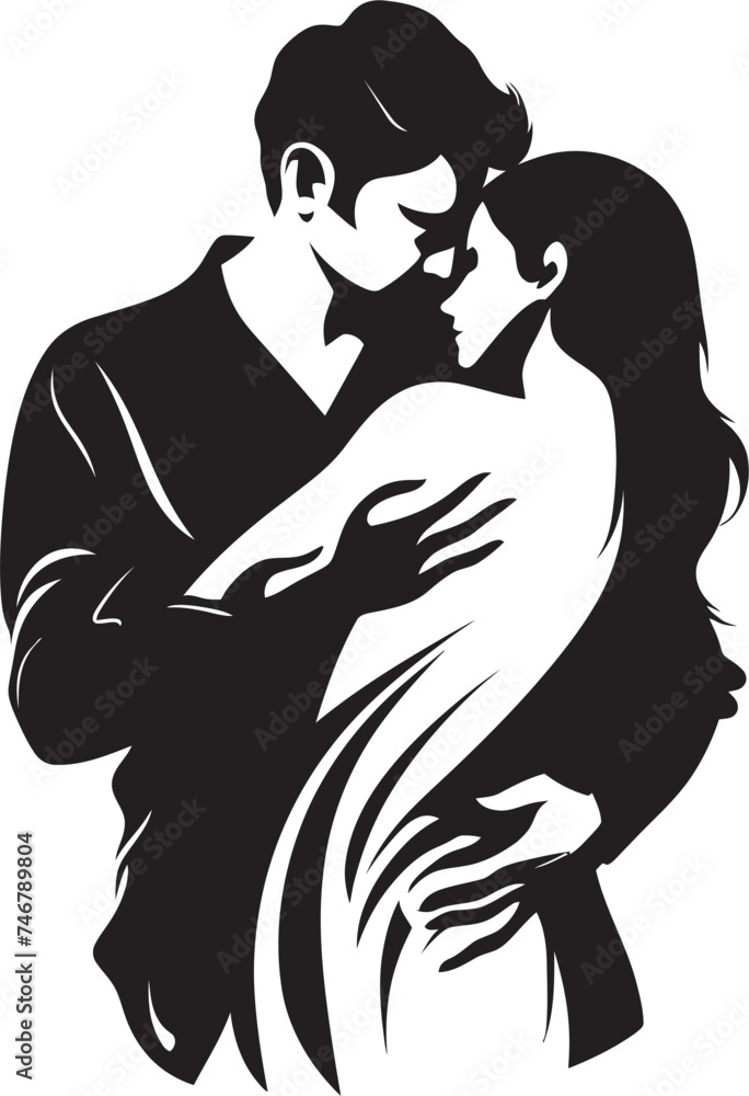 Enchanted Embrace Vector Graphic of Man and Woman in Black Devoted Affection Black Logo Design of Couple Embracing