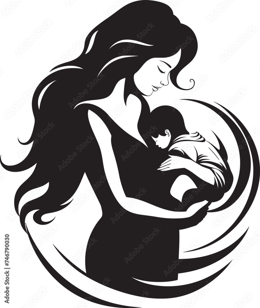 Eternal Comfort Black Logo Design of Mother and Child Embrace Maternal Strength Vector Black Emblem of Motherhood