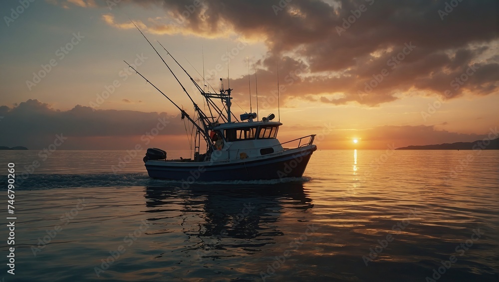Fishing boat at sunset time