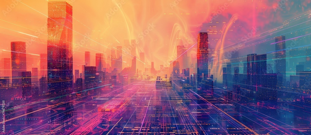 Retro cyberpunk style futuristic background with glowing laser grid modern landscape. AI generated