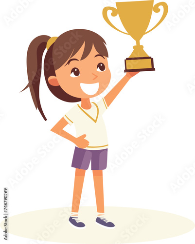 Young girl holding up trophy pride, sporting event winner concept. Achievement success youth sports competition vector illustration