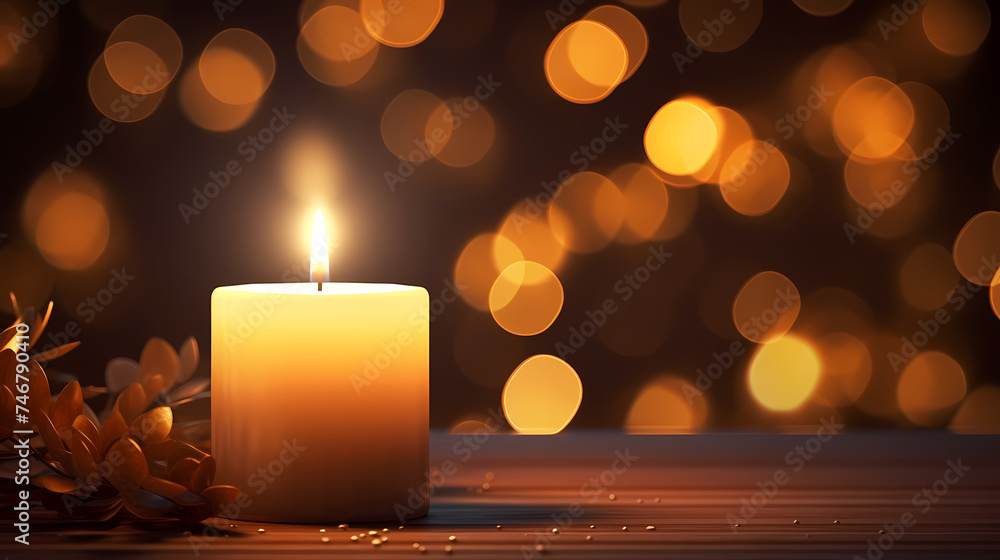 Close up of burning candle with blurred background and copy space for text - obrazy, fototapety, plakaty 