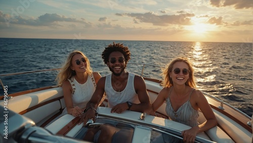Group of friends having fun in luxury yach boat, Young men and women enjoy travel, vacation, travel on boat yacht sailing in sea, ocean at sunset on summer © LIFE LINE