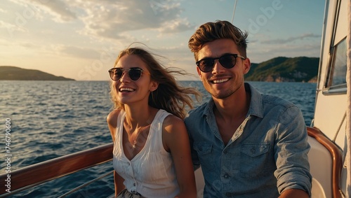 Group of friends having fun in luxury yach boat, Young men and women enjoy travel, vacation, travel on boat yacht sailing in sea, ocean at sunset on summer