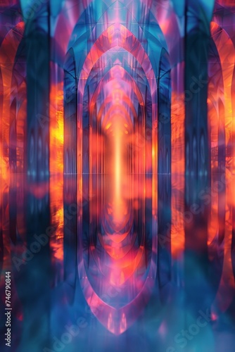 Modern digital art features abstract blur, neon lights, and metallic textures in a symmetrical composition.