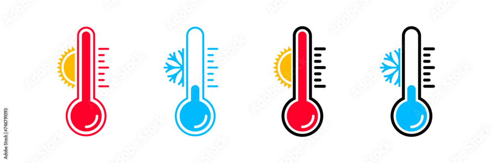 Thermometer vector icons with sun and snowflake. Hot and cold temperature scale for weather or freezer, isolated thermometer temperature symbols on transparent Thermometer vector icons with sun and snowflake. Hot and cold temperature scale for weather or freezer, isolated thermometer temperature symbols on transparent