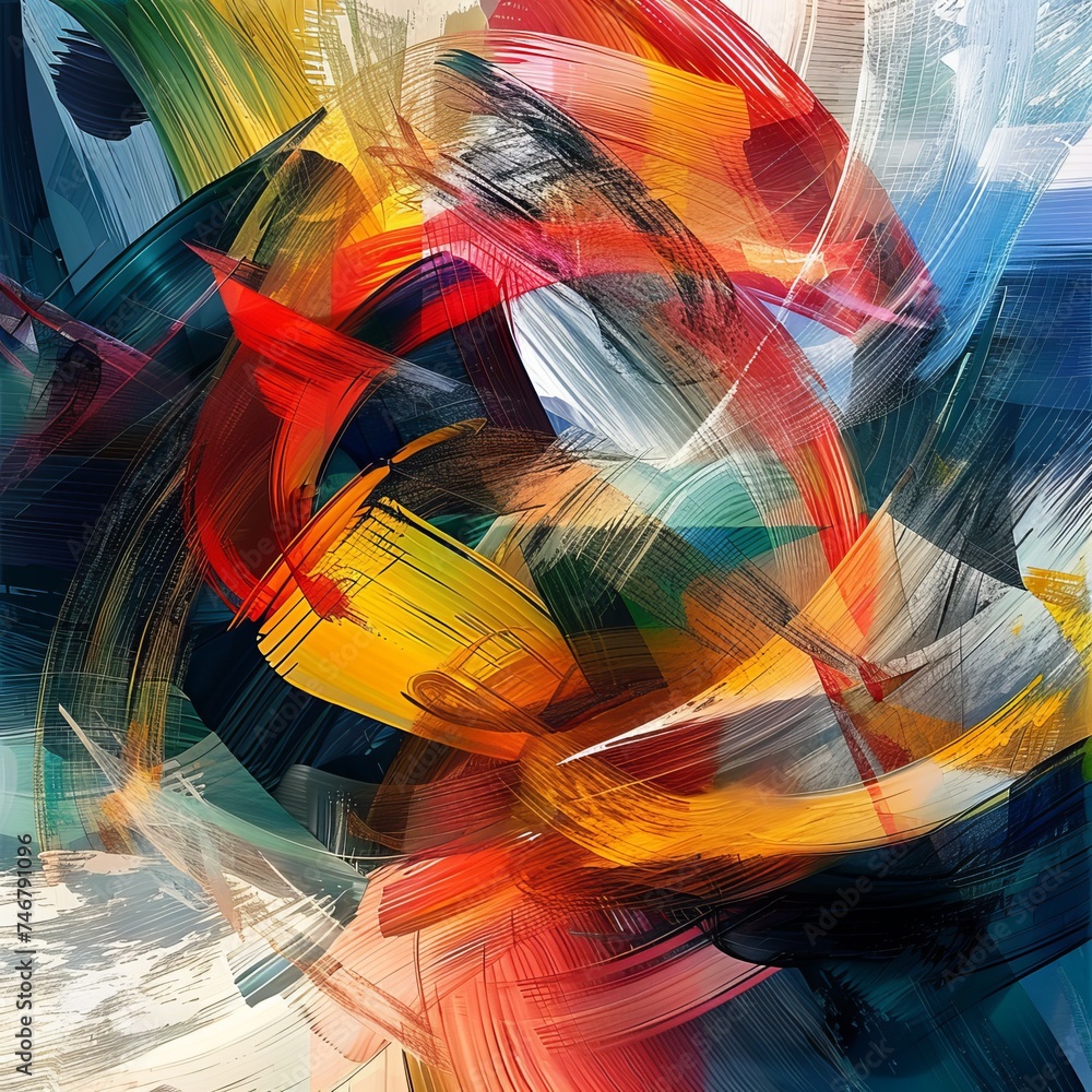 Vibrant energy flows through colorful, dynamic brush strokes in a cubism art style.