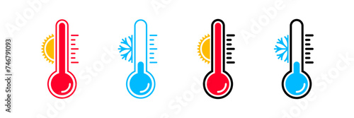 Thermometer vector icons with sun and snowflake. Hot and cold temperature scale for weather or freezer, isolated thermometer temperature symbols on transparent
